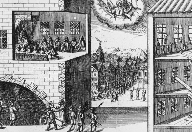 En esta ilustración holandesa de la época, el cielo guía a las autoridades a arrestar al conspirador Guy Fawkes cuando intentaba detonar 36 barriles de pólvora bajo la Cámara de los Lores durante la apertura del parlamento.HULTON ARCHIVE