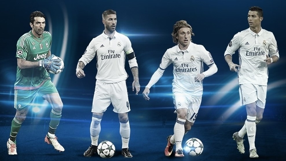 Gianluigi Buffon, Sergio Ramos, Luka Modric y Cristiano Ronaldo fueron reconocidos por su buena temporada en la Champions League. (Foto Prensa Libre: cortesía Uefa)