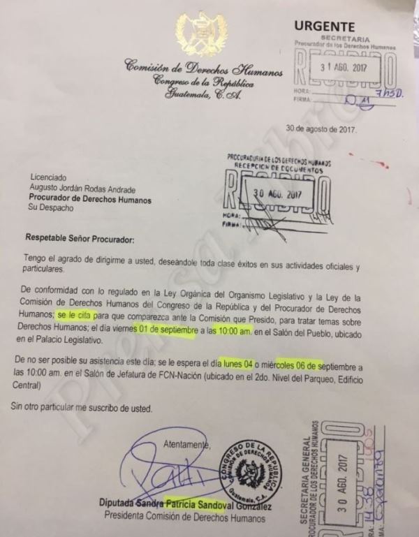 Carta en que la diputada Patricia Sandoval cita al procurador Jordán Rodas. (Foto Prensa Libre: Jessica Gramajo).