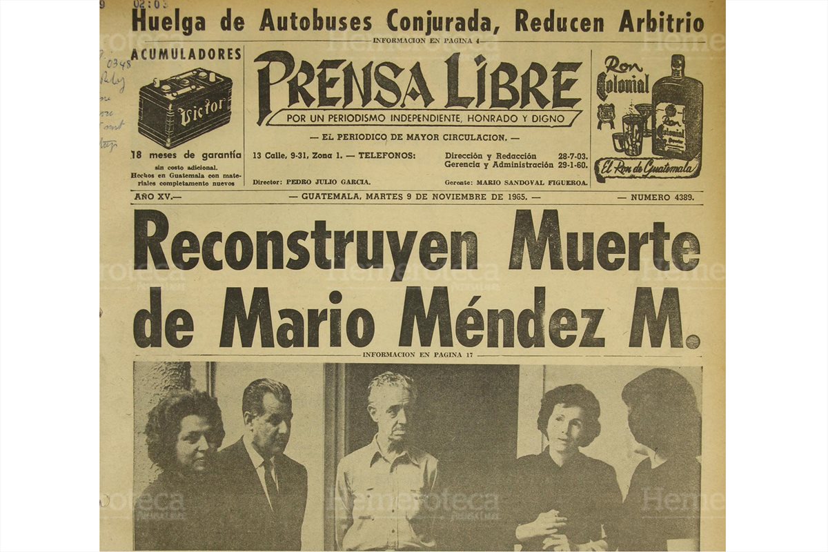 9/11/1965 Portada de Prensa Libre sobre la reconstrucción de hechos de la muerte de Mario Méndez. (Foto: Hemeroteca PL)