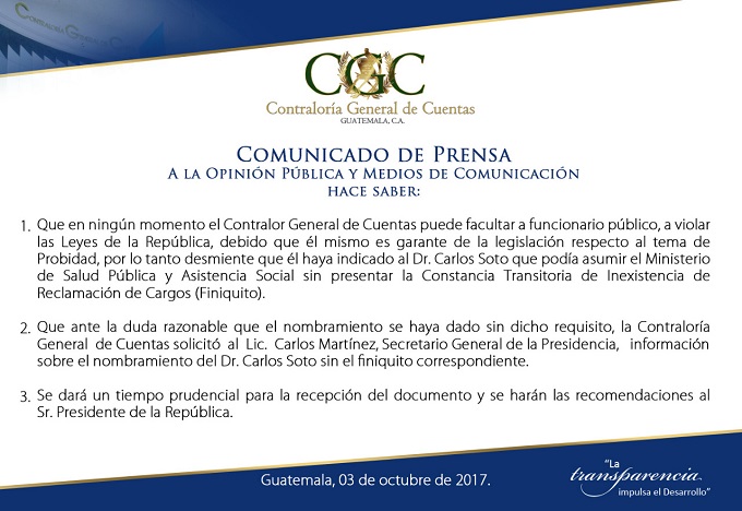 El comunicado emitido por la Contraloría General de Cuentas en torno al nombramiento del ministro de Salud Carlos Soto. (Foto Prensa Libre: CGC)
