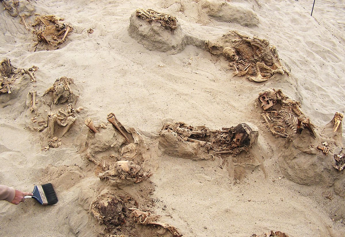Fotografía cedida por la National Geographic de un grupo de restos óseos momificados de origen precolombino y hallados en el sitio arqueológico Huanchaquito, Perú.(Foto Prensa Libre:EFE).