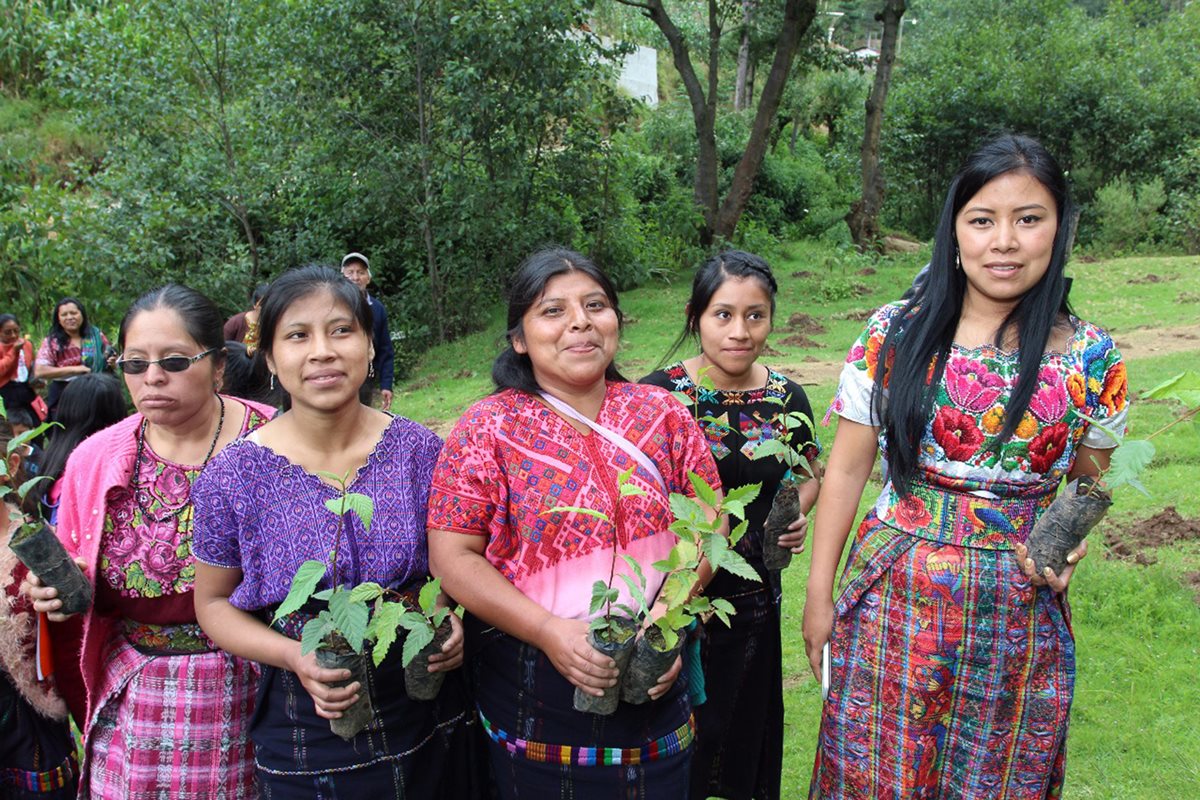 Mujeres también participaron en reforestación. (Foto Prensa Libre: Ángel Julajuj).