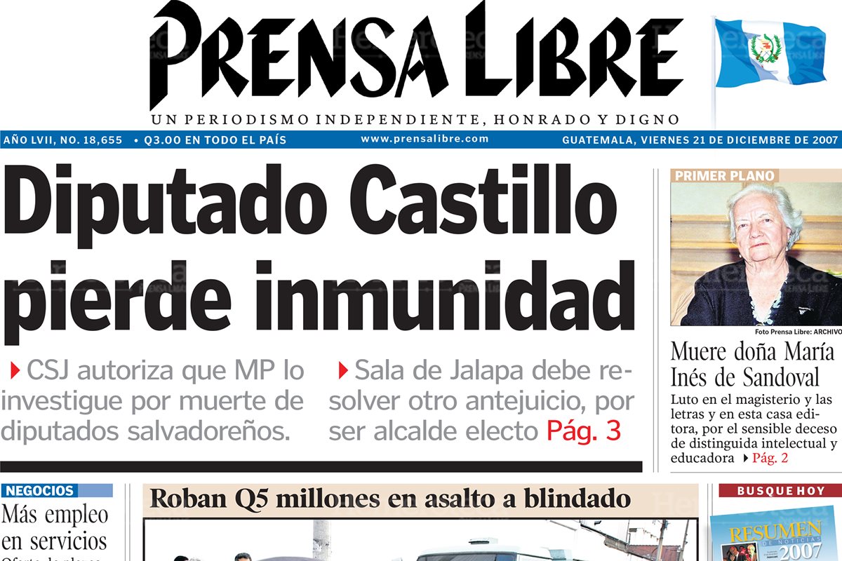 Portada de Prensa Libre del 21/12/2007 informa que el Diputado Castillo pierde inmunidad.(Foto: Hemeroteca PL)