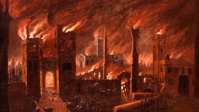 Pintura al óleo del Gran Incendio visto desde Ludgate, cerca a 1670. La pintura fue restaurada alrededor de 1910, revelando esta vívida escena. MUSEO DE LONDRES