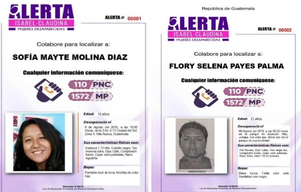 Sofía Mayte Molina Díaz y Flory Selena Payes Palma son los nombres con los que se generan las dos primeras alertas Isabel-Claudina. (Foto Prensa Libre: Twitter).