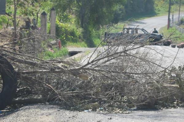 Barricada de ramas y piedas, y atrás, uno de los vehículos incendiados por los manifestantes. (Foto Prensa Libre: Oswaldo Cardona)<br _mce_bogus="1"/>