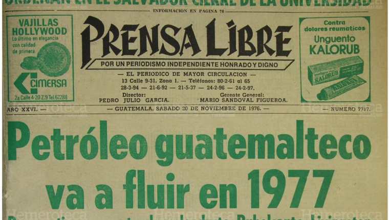 Portada de Prensa Libre del 20/11/1976 sobre oleoducto de Rubelsanto.(Foto: Hemeroteca PL)