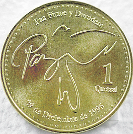 Arzú mandó acuñar una moneda de Q1 que conmemoraba la firma de la paz. Con sorna, los guatemaltecos decían al grabado "la paloma de Arzú". (Foto: Hemeroteca PL)
