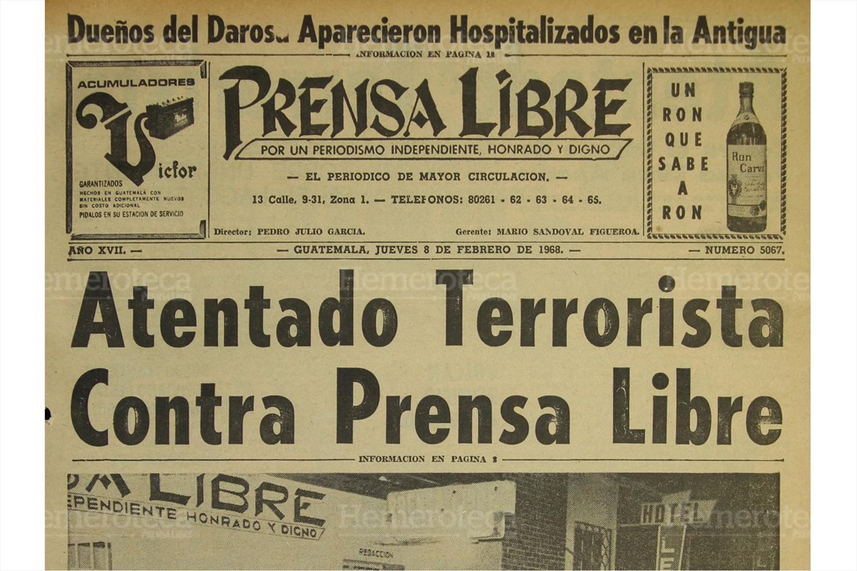 Portada de Prensa Libre del 9/2/1968 informando sobre el atentado terrorista. (Foto: Hemeroteca PL)