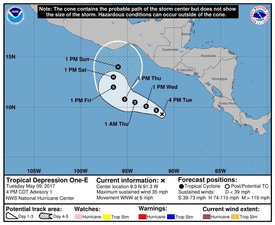 Trayectoria de la depresión tropical 1-E y su posible evolución a huracán en los próximos días. (Fuente: NOAA)