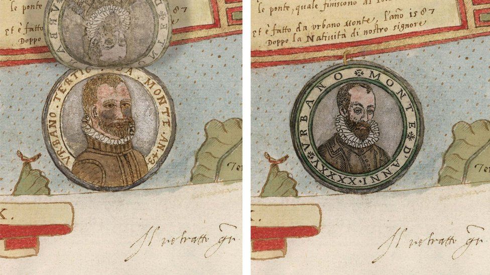 El retrato del autor no puede faltar. (el de 1587 a la izquierda; el de 1589 a la derecha). (Foto gentileza de David Rumsey Map Collection).