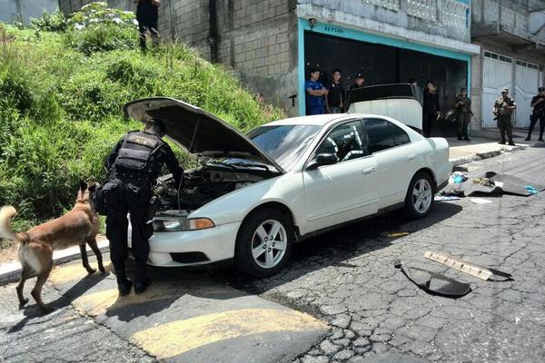 Unidad canina busca drogas en el vehículo. (Foto Prensa Libre: Estuardo Paredes)