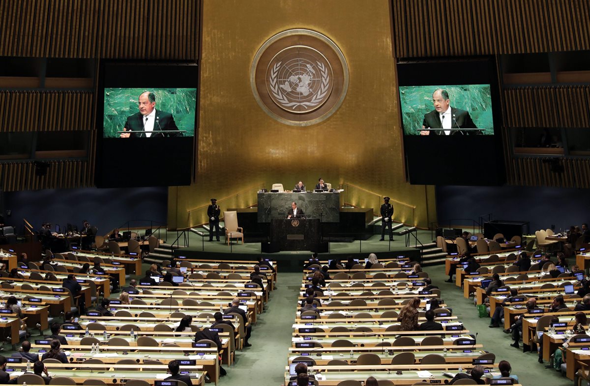 Vista del recinto de Naciones Unidas mientras el presidente costarricense ofrecía su discurso el martes. (Foto Prensa Libre: AFP).