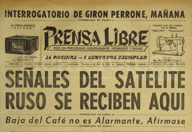 Detalle de la portada de Prensa Libre del 8 de octubre de 1957 informando sobre las señales del Sputnik recibidas en Guatemala. (Foto: Hemeroteca PL)