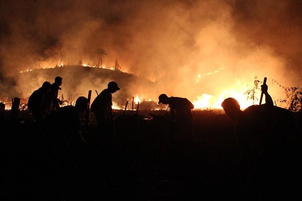 Personal de la Conred lucha por controlar un incendio forestal que consumió gran parte de la finca Gaby, en Santa Ana, Petén.