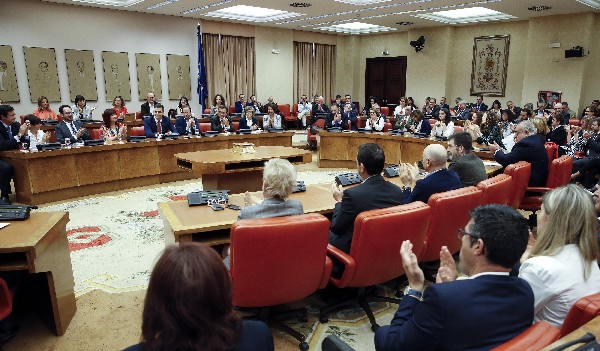 Pedro Sánchez (fondo-4i), durante la reunión en el Congreso.(EFE).