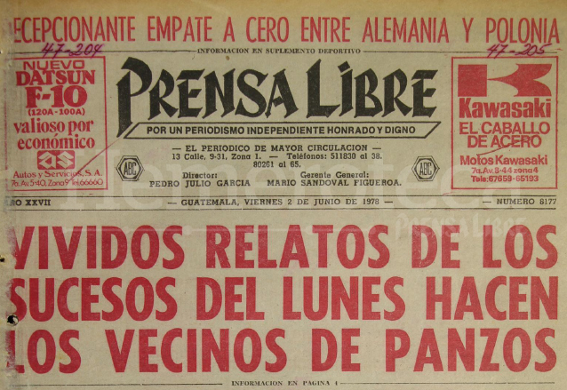 Titular de Prensa Libre del 2 de junio de 1978. (Foto: Hemeroteca PL)