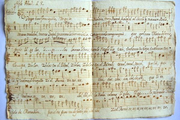 Partitura de uno de los villancicos de José  Manuel de Quirós. (Foto Prensa Libre Cortesía: ARCHIVO HISTÓRICO ARQUIDIOCESANO )