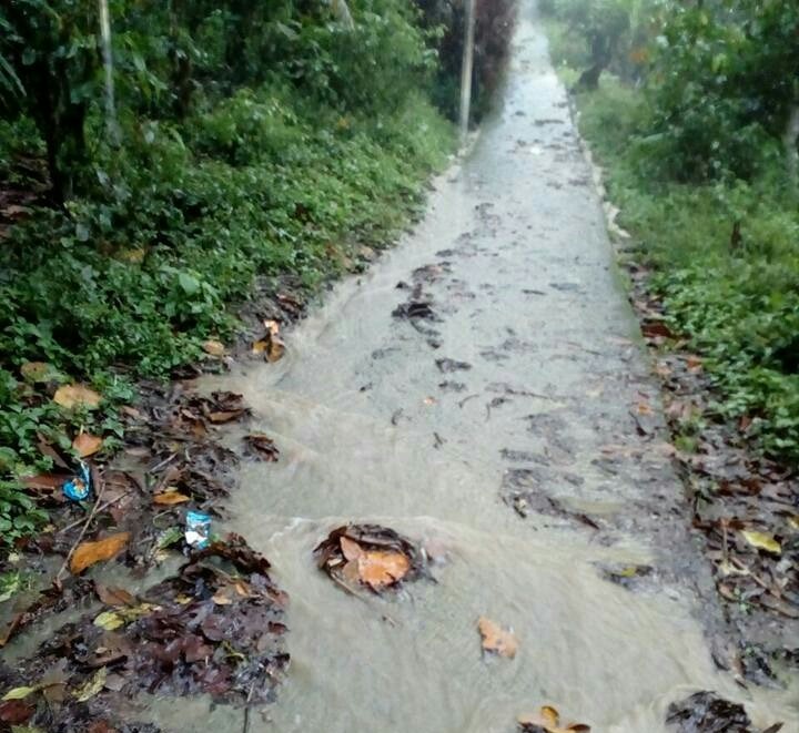 El sendero que conecta a la escuela se inunda con las aguas pluviales y las corrientes dejan en riesgo a la niñez. (Foto Prensa Libre: Ada Wellmann)