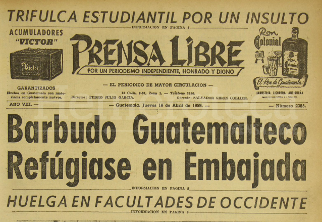 Titular de Prensa Libre del 16 de abril de 1959. (Foto: Hemeroteca PL)