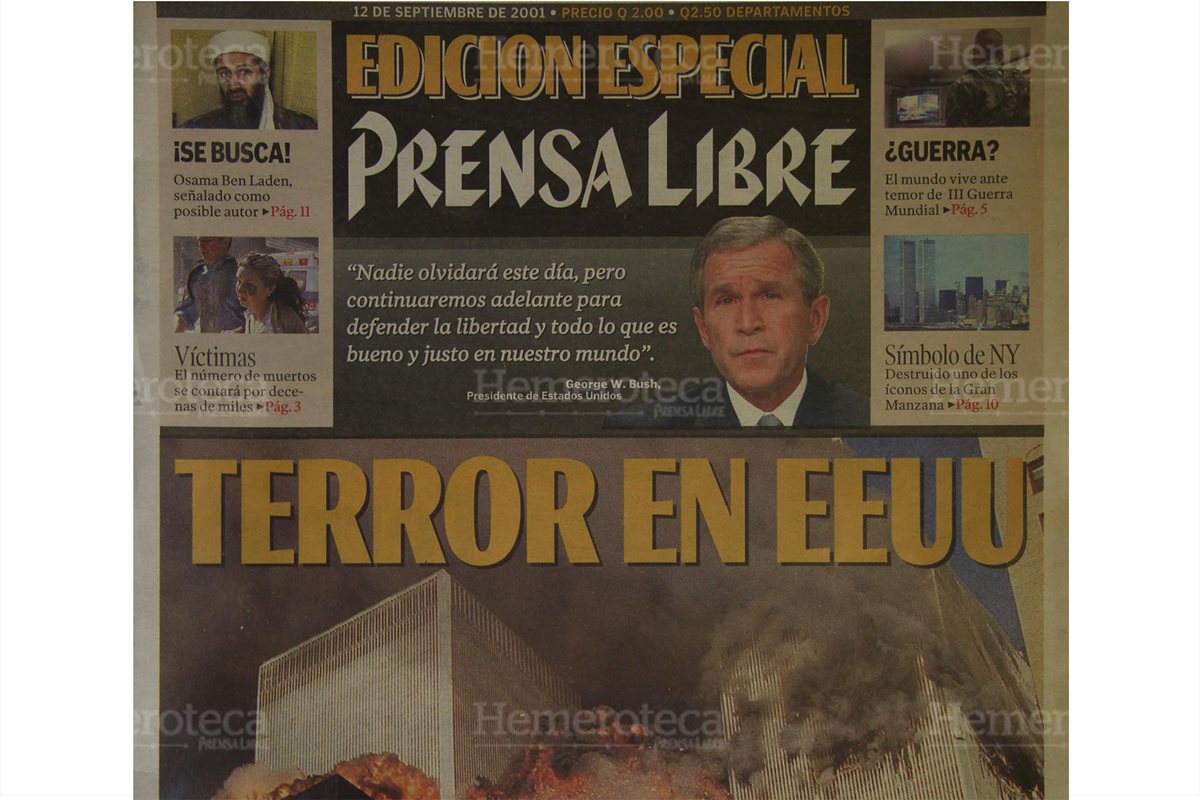 11/9/2001 Portada de Prensa Libre informando sobre la ola de atentados en Nueva York. (Foto: Hemeroteca PL)