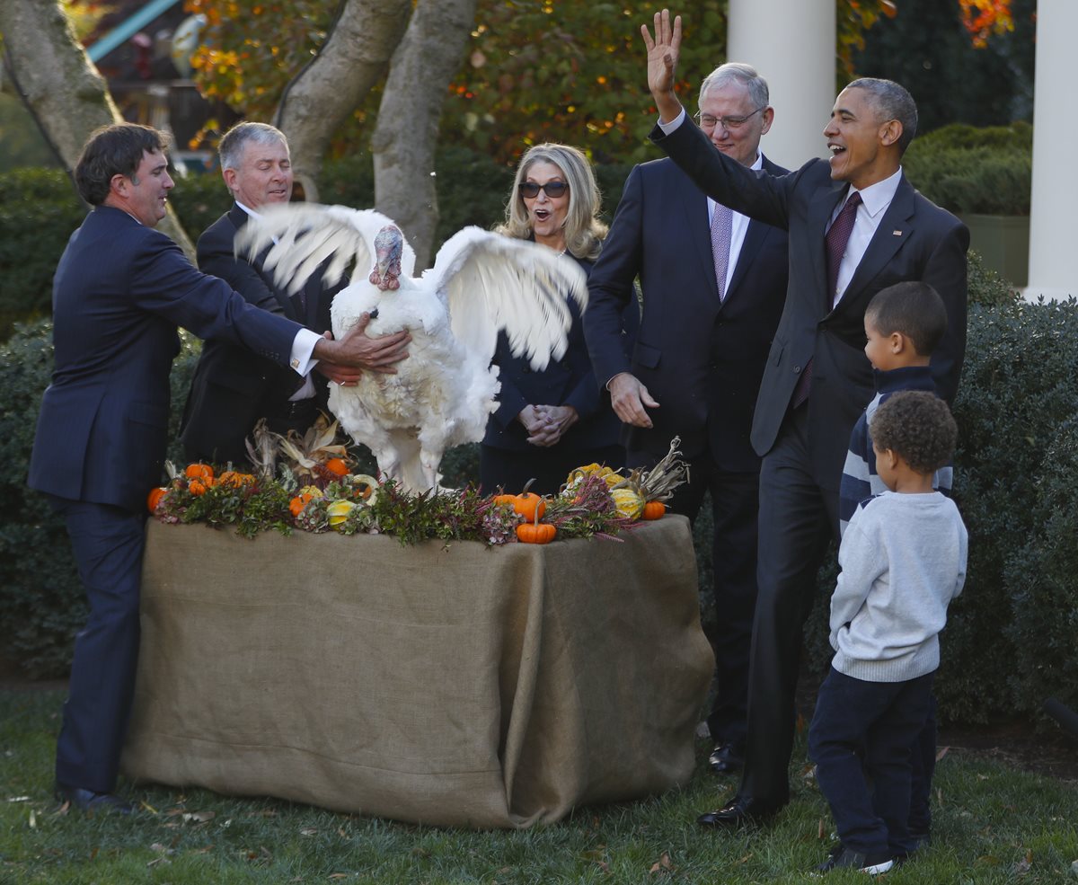 Barack Obama (a la der.) le perdona la vida a uno de los dos pavos que fueron llevados a la Casa Blanca. (Foto Prensa Libre: AP).