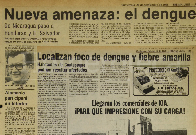 Notas de Prensa Libre de 1978 y 1985 alertando sobre el dengue en el país. (Foto: Hemeroteca PL)
