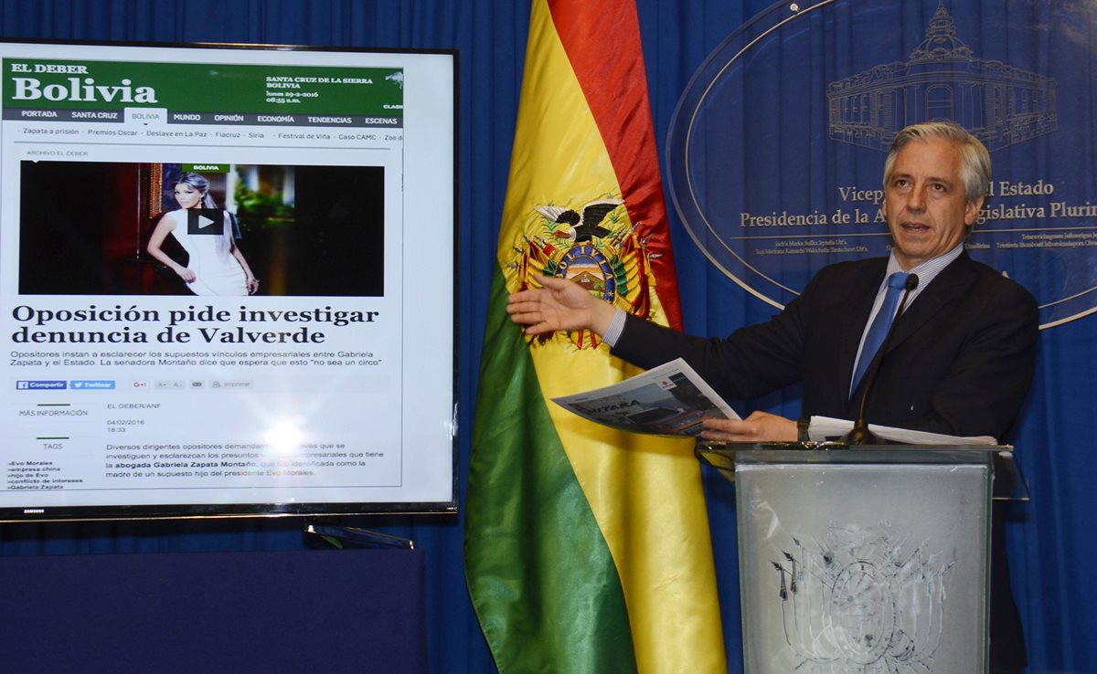 El vicepresidente Álvaro García Linera denunció el miércoles una "articulación política" para atacar al presidente Evo Morales con el caso de Gabriela Zapata. (Foto Prensa Libre: EFE).
