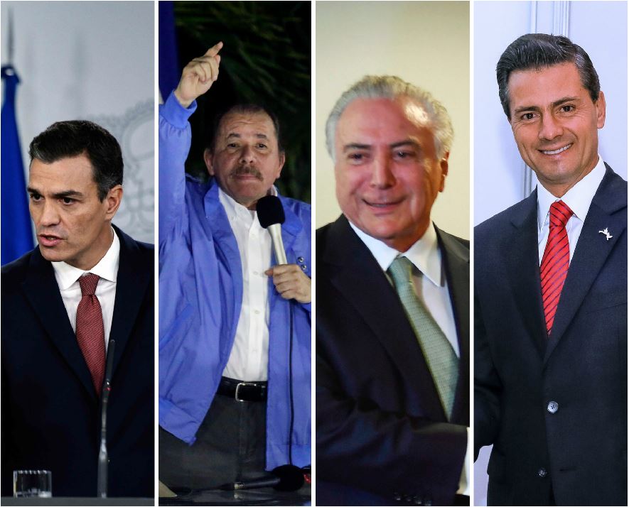 De izquierda a derecha, los presidentes de España, Pedro Sánchez; de Nicaragua, Daniel Ortega; de Brasil, Michel Temer y de México, Enrique Peña Nieto, algunos de los mandatarios que confirmaron su participación. (Foto Prensa Libre: Agencias)