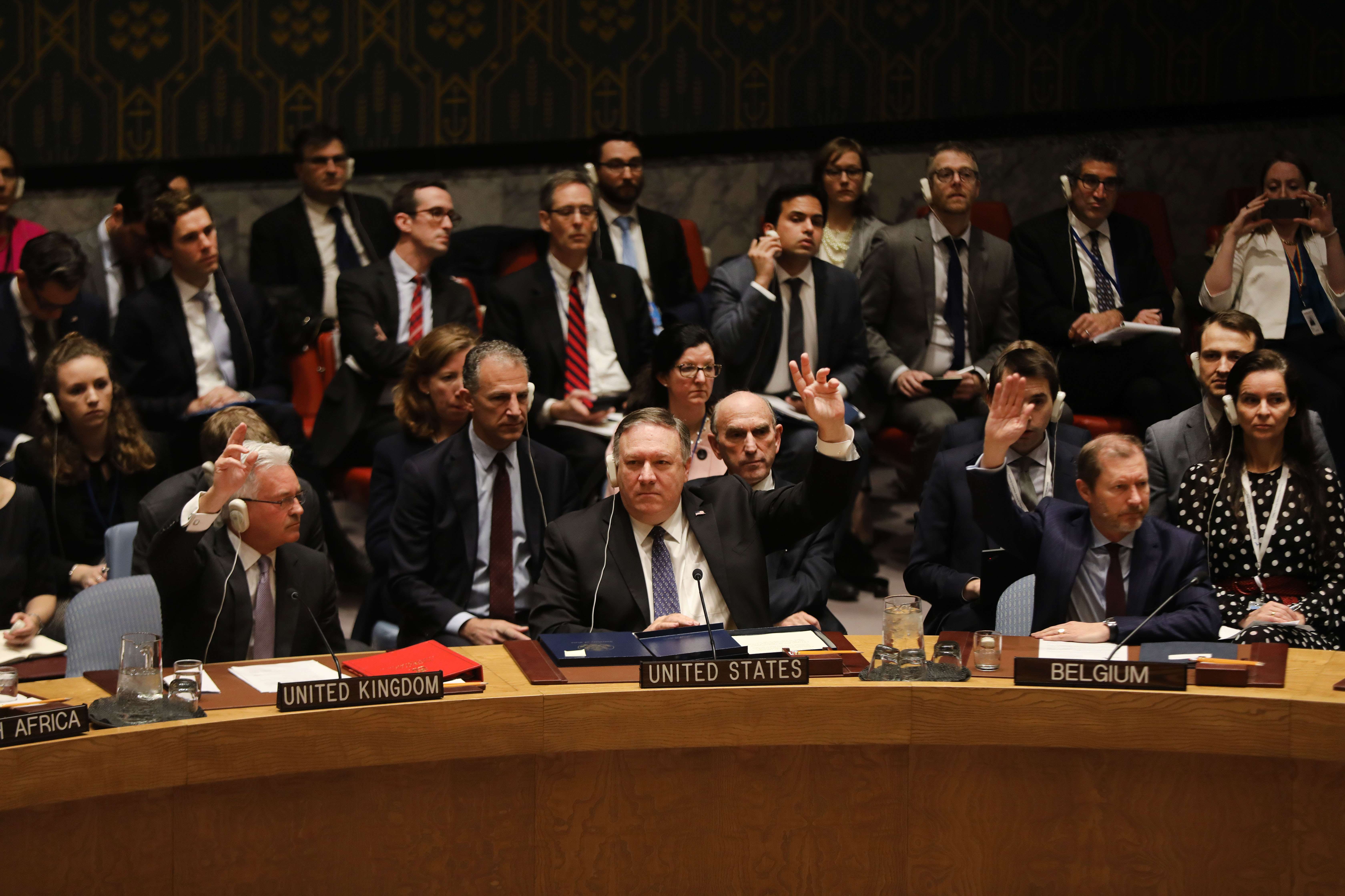 El secretario de Estado estadounidense, Mike Pompeo,  pidió apoyo para Juan Guaidó durante una sesión especial del Consejo de Seguridad(Foto Prensa Libre: AFP)