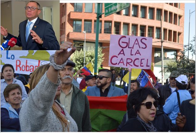 Protesta contra vicepresidente en funciones ecuatoriano, Jorge Glas -inserto-. (Fotos Prensa libre: EFE/AFP)