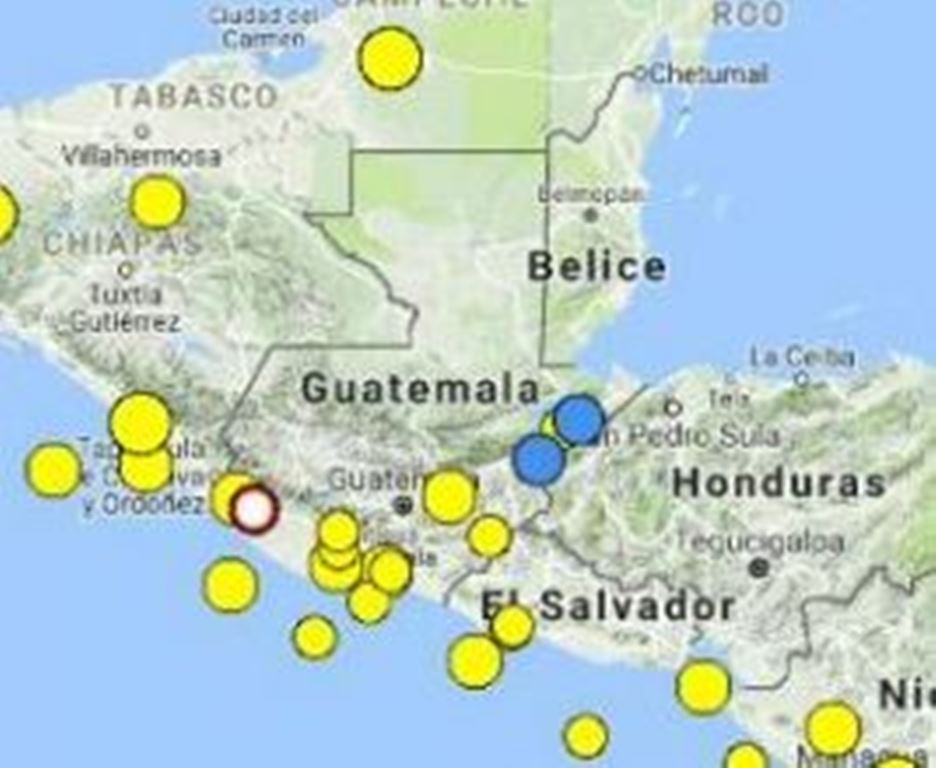 El círculo rojo precisa la ubicación del epicentro. (Imagen: Insivumeh)