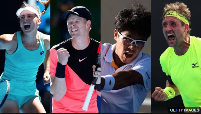 Los cuatro tenistas que están haciendo historia en Australia: Elise Mertens, Kyle Edmund, Hyeon Chung y Tennys Sandgren. (Foto Prensa Libre: BBC Mundo)