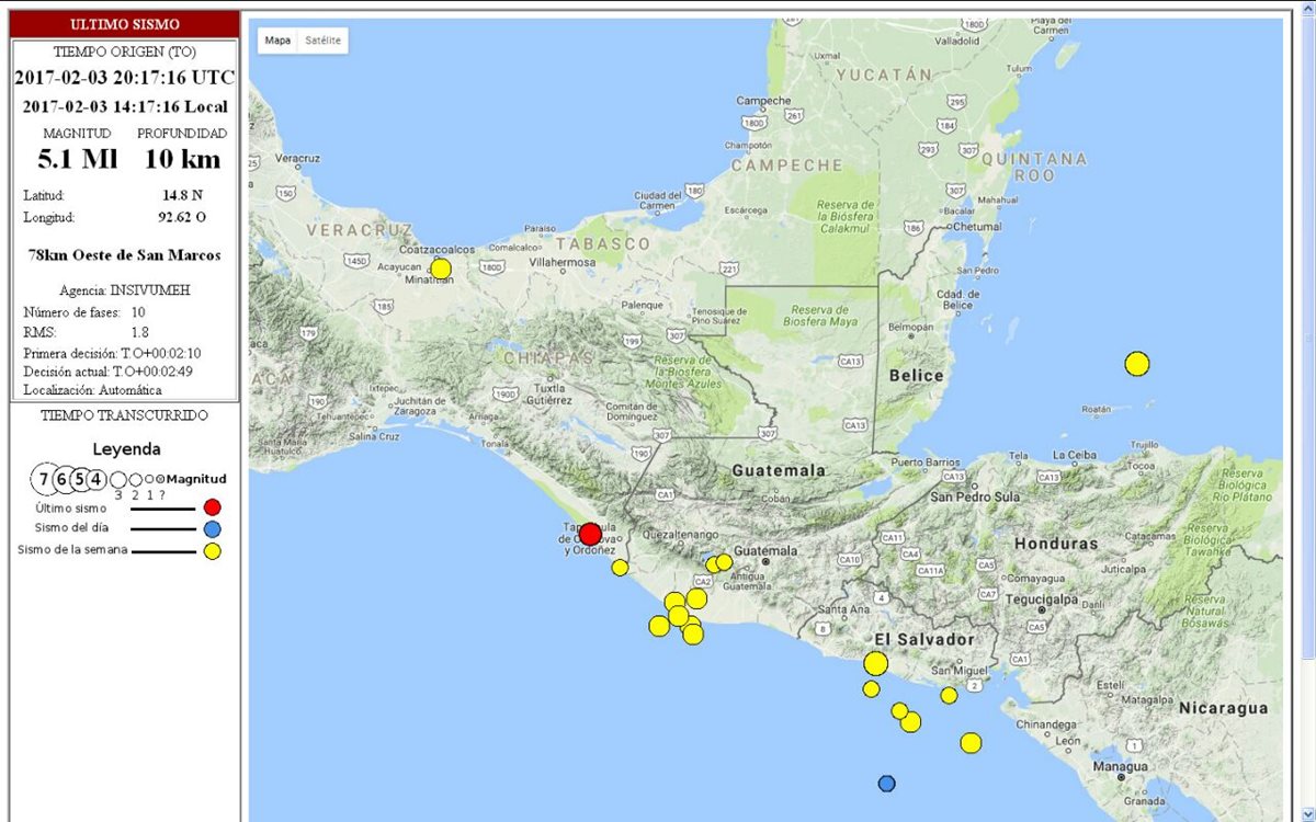 Mapa de ubicación del epicentro del temblor registrado a 78 km de San Marcos. (Foto Prensa Libre: Conred)