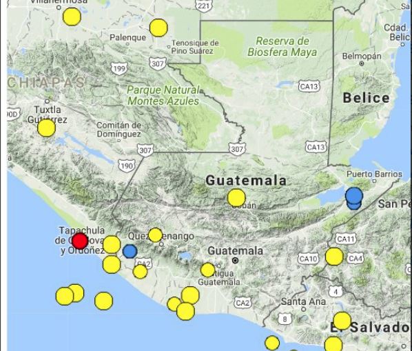 La marca roja indica la zona epicentral del sismo sensible en occidente y suroccidente. (Foto Prensa Libre: Conred)