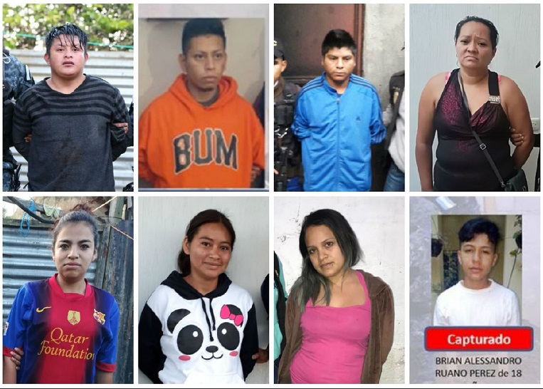 Los supuestos extorsionistas del Barrio 18 que fueron capturados. (Foto Prensa Libre: PNC)