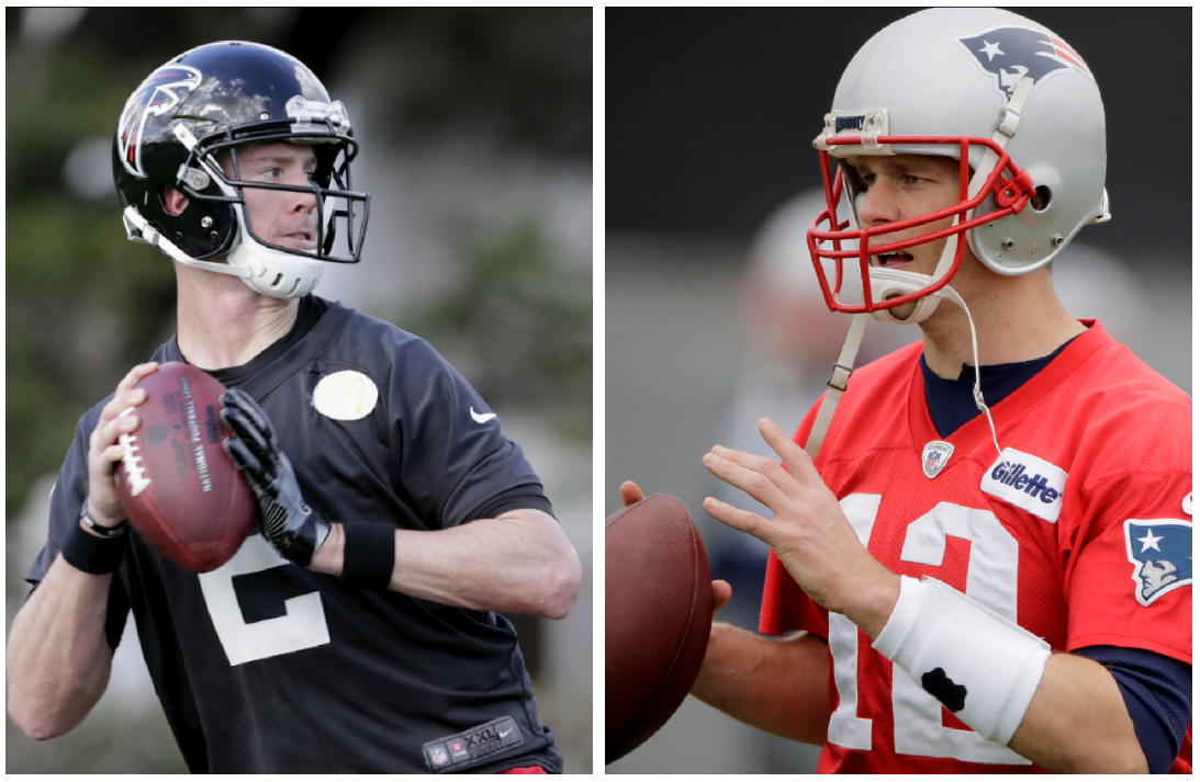 El duelo entre los mariscales Tom Brady y Matt Ryan es uno de los atractivos del Super Bowl, que se jugará el domingo en Houston. (Foto Prensa Libre: AP)