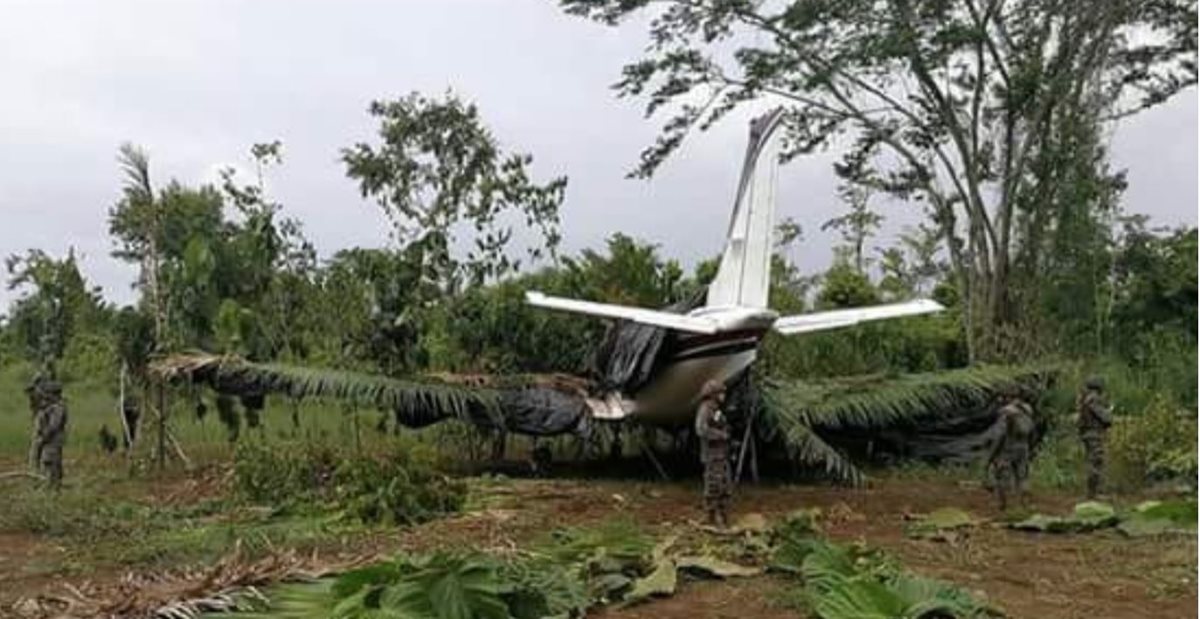 La avioneta fue abandonada entre los matorrales de Arroyo del Delgado, El Zompopero, San Luis, Petén. (Foto Prensa Libre:)
