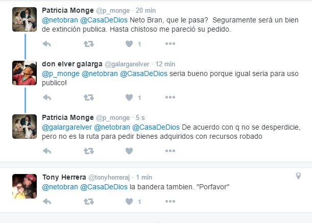 Usuarios responden en Twitter a Neto Bran, quien pide a Casa de Dios que le donen el asta que entregarán al MP.