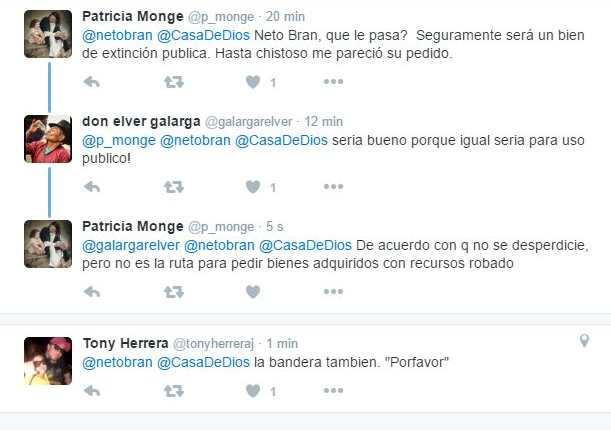 Usuarios responden en Twitter a Neto Bran, quien pide a Casa de Dios que le donen el asta que entregarán al MP.