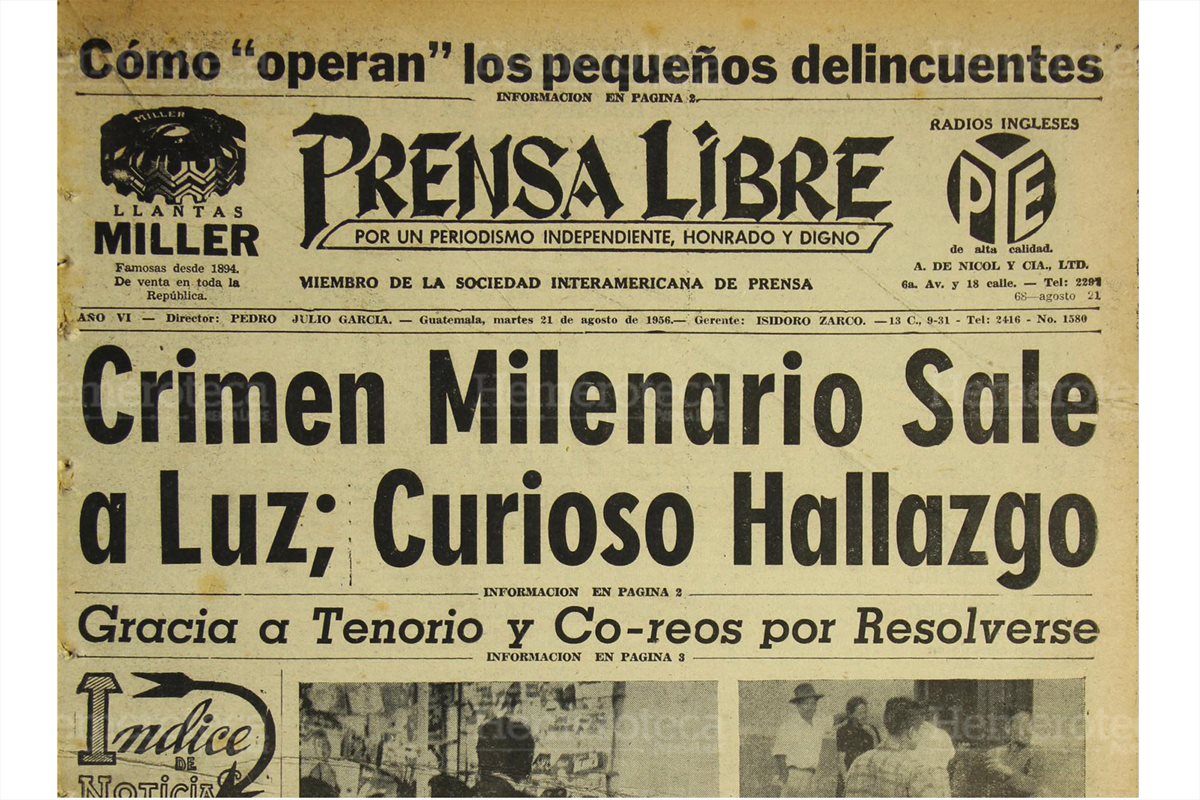Portada del 21/8/1956 daba a conocer sobre un crimen milenario luego de haberse hallado un esqueleto maya. (Foto: Hemeroteca PL)
