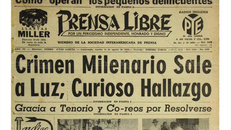 Portada del 21/8/1956 daba a conocer sobre un crimen milenario luego de haberse hallado un esqueleto maya. (Foto: Hemeroteca PL)
