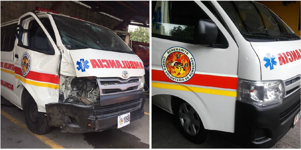 La ambulancia que se dañó cuando se atendía una llamada de falsa alarma fue reparada de forma gratuita. (Foto Prensa Libre: Bomberos Voluntarios)