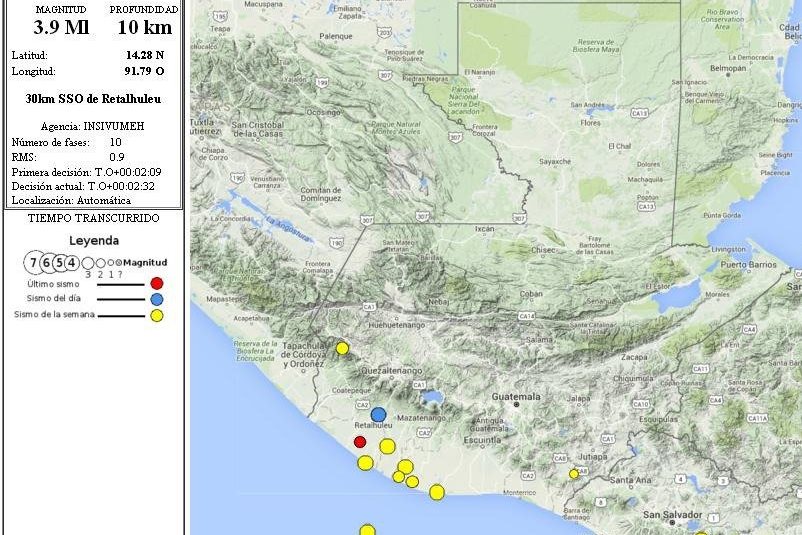 Mapa donde se ubican epicentros de varios sismos registrados por el Insivumeh. (Foto Prensa Libre: Insivumeh)