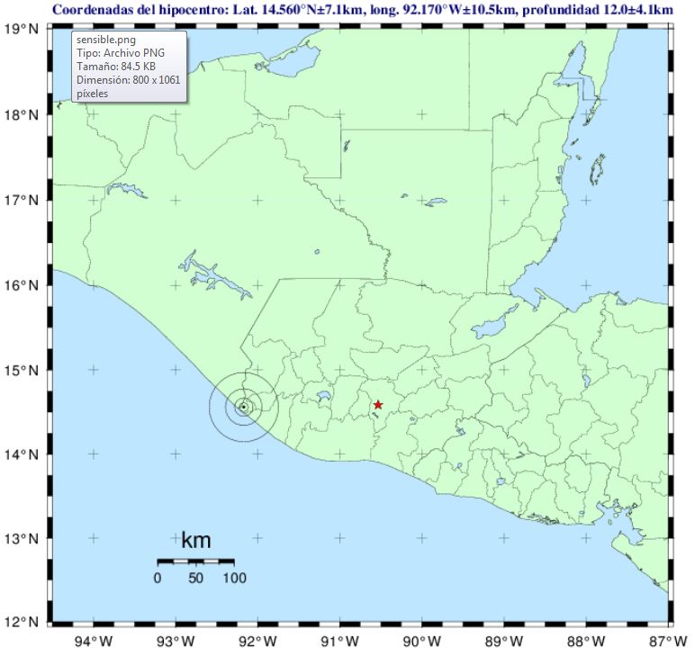 Imagen de localización del sismo sensible el mediodía de este jueves. (Foto Prensa Libre: Insivumeh)