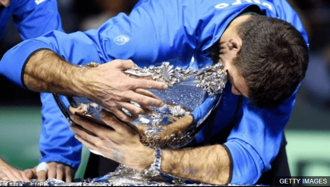 La reacción de Juan Martín del Potro al abrazar la "Ensaladera de Plata" mostró lo importante que fue para él ganar la Copa Davis en 2016. (Foto Prensa Libre: BBC Mundo)