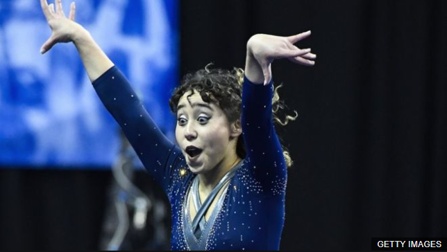 Katelyn Ohashi participando en una competencia en 2018. (Foto Prensa Libre: BBC News Mundo)
