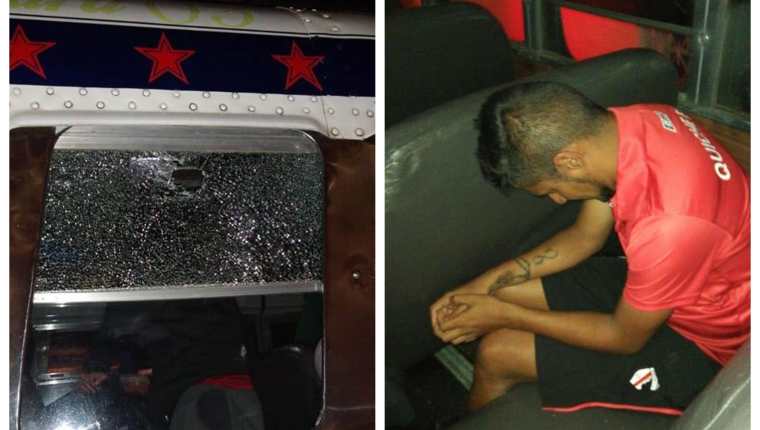 Ventanilla del sillón dónde viajaba el jugador fue apedreada lesionando a Boby Tally. (Foto Prensa Libre: Héctor Cordero) 