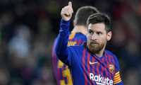 Barcelona's Argentinian forward Lionel Messi celebrates his goal during the Spanish League football match between FC Barcelona and SD Eibar at the Camp Nou stadium in Barcelona on January 13, 2019. (Photo by LLUIS GENE / AFP)